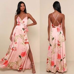 Lulu’s Still the One Blush Pink Floral Print Satin Maxi Dresss